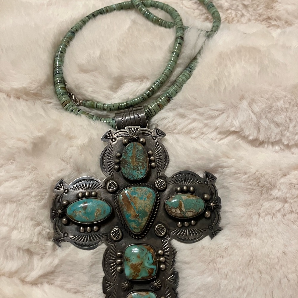 ⭐️Navajo Sterling Silver Royston Turquoise cross pendant Exquisite work of art - Picture 9 of 10